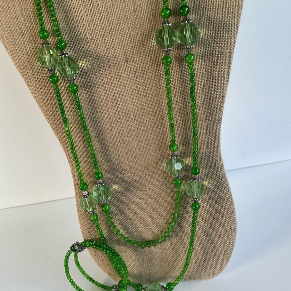 Hand Crafted Necklace Wrap Bracelet Drop Earrings Set Lime Green Double Strands - Picture 5 of 9